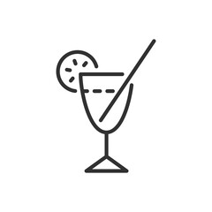 Cocktail with straw and orange, linear icon. Line with editable stroke