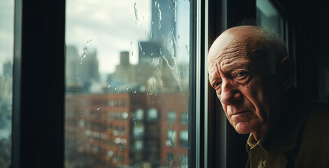 Senior elderly man looking sad  through a window with a rainy city view. Veteran and elderly loneliness concept. With copy space. - obrazy, fototapety, plakaty