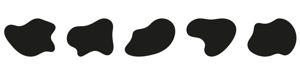 Black Round Liquid Silhouette Form. Irregular Organic Shape. Random Circle Blob Collection. Asymmetric Blotch Set. Fluid Splodge On White Background. Isolated Vector Illustration