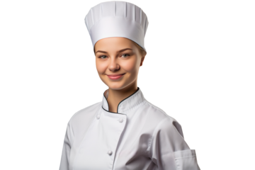 portrait of a cute female chef in chef's hat and jacket, png isolated on white background