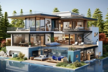 Modern suburban home's cross-section with a family-friendly layout, a backyard pool, and a spacious garage, Generative AI