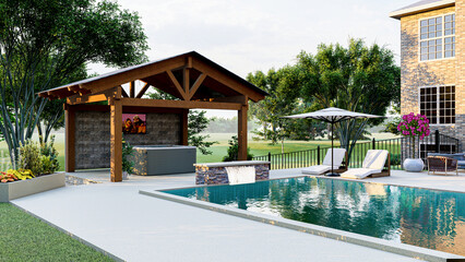 3D modeling and rendering of swimming pool design.