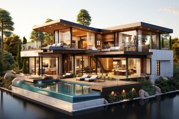 Obraz premium Modern suburban home's cross-section with a family-friendly layout, a backyard pool, and a spacious garage, Generative AI