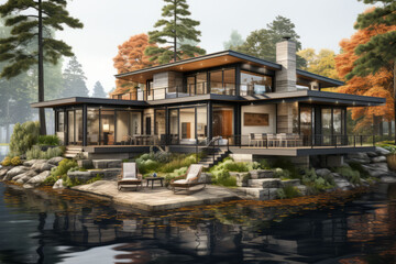 Modern lakeside cottage's cross-section with a cozy fireplace, a screened-in porch, and rustic decor in a serene lakeside setting, Generative AI