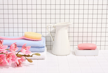 Accessories for shower and bath. Towels, soap and spa cosmetic.