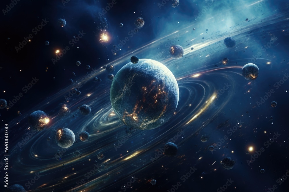 Poster A mesmerizing image of a space scene featuring planets and stars. This picture is perfect for use in science fiction projects or educational materials about outer space.