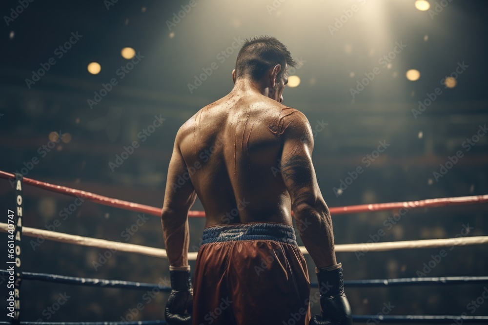 Poster a man standing in a boxing ring with his back to the camera. this image can be used to depict a boxe