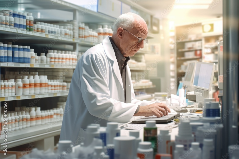 Poster A man wearing a lab coat is focused on his computer screen. This image can be used to represent scientific research, data analysis, or technology advancements in various industries.