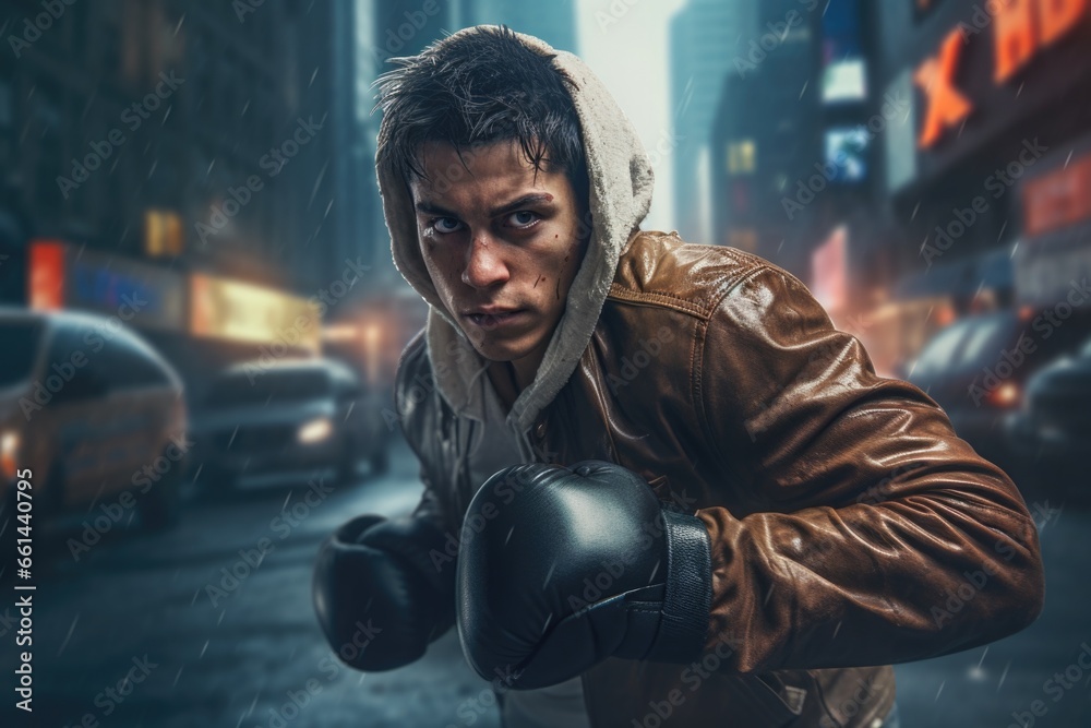 Poster a man wearing boxing gloves is standing in the rain. this image can be used to represent determinati