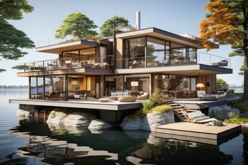 Fototapeta na wymiar Modern lakeside home's cross-section with a spacious deck, boat dock, and a glass-walled living area overlooking the lake, Generative AI 