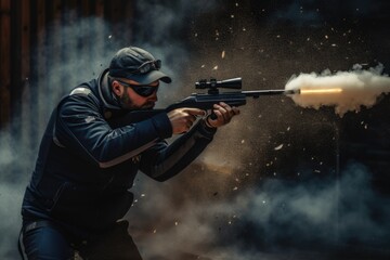 A powerful image of a man shooting a gun, with smoke billowing out of the barrel. Perfect for illustrating action and danger in various projects. - obrazy, fototapety, plakaty
