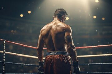 A man standing in a boxing ring with his back to the camera. This image can be used to depict a boxer preparing for a match or training in a gym.