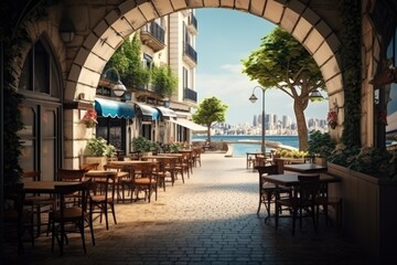 A view of a street with tables and chairs. Suitable for cafe, restaurant, or outdoor dining concepts. - obrazy, fototapety, plakaty