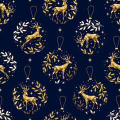 Christmas seamless pattern with  christmas balls on blue background. Gold deers and plants with stars. Background for wrapping paper, fabric print, greeting cards. Winter Holiday design.