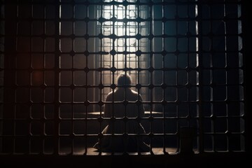 A woman is seen sitting inside a jail cell, gazing out of the window. This image can be used to depict themes of confinement, longing for freedom, or the criminal justice system. - obrazy, fototapety, plakaty