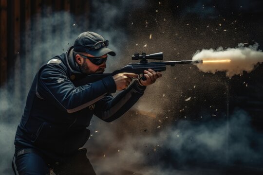 A powerful image of a man shooting a gun, with smoke billowing out of the barrel. Perfect for illustrating action and danger in various projects.