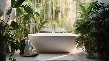 White tub and beautiful plants