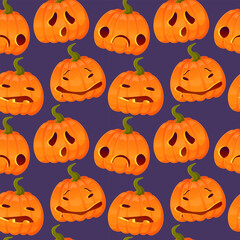 Halloween jumping jack-o-lantern seamless pattern on purple background.