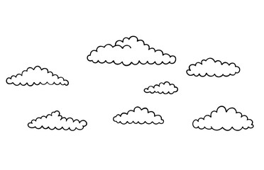 Hand drawing set of clouds different shapes in black color isolated on white background. Decorative asian clouds for festive design. Vector illustration. Line art element of nature.