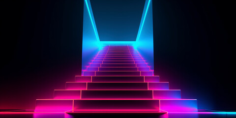 A staircase in neon pink and red bright colors with black background rising from bottom to top