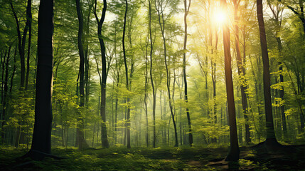 Springtime forest with setting sun shining through leaves and branches. Nature, forestry, habitat, environment and sustainability concepts