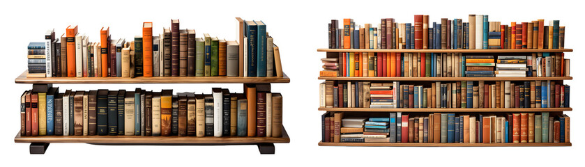 set of wooden book shelve with alot of books in it
