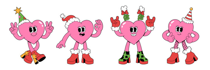 Obraz na płótnie Canvas Merry Christmas and Happy New year characters in trendy groovy retro cartoon style. Happy hearts with faces in funny costumes and high heel boots. Sticker pack of comic characters.