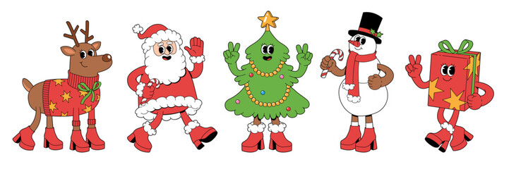 Merry Christmas and Happy New year characters. Santa Claus Christmas tree snowman reindeer gift box in trendy groovy retro cartoon style. Sticker pack of comic characters.
