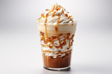 Disposable cup with a cold frappuccino, caramel drizzle, and whipped cream, Generative AI