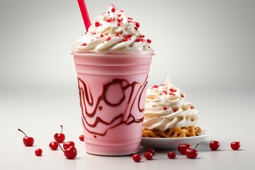Disposable cup with a milkshake, whipped cream swirl, and a cherry on top, Generative AI