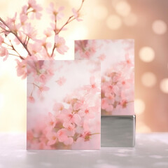 Blank card with cherry blossom branch on bokeh background