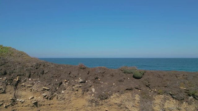 Panorama Of Blue Sea From Furna de Caion, Popular Cave In Caion, Spain. - aerial descend