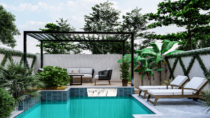 3D modeling and rendering of swimming pool design.