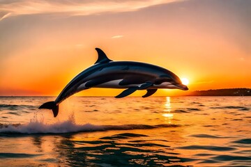 Obraz premium silhouette of a dolphin jumping at sunset