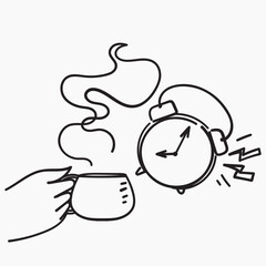 hand drawn doodle hot drink and clock illustration vector
