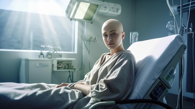 Woman with no hair on her head on bed in hospital