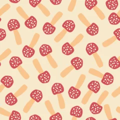 Rolgordijnen Red mushroom fly agaric hand drawn vector illustration. Cute forest amanita seamless pattern for kids fabric or wallpaper. © Елена Радькова