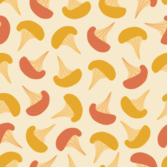 Orange chanterelle mushrooms hand drawn vector illustration. Cute autumn forest chanterelles seamless pattern for fabric or wallpaper.