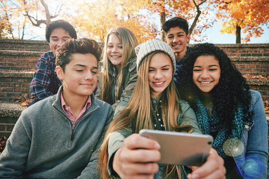 Selfie, diversity or friends in park for social media, online post or profile picture in autumn or nature. Smile, freedom or happy gen z students taking photograph on fun holiday vacation to relax