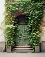 Fototapeta na wymiar Old wooden door overgrown with ivy 