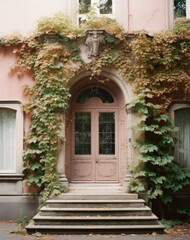 Fototapeta na wymiar Old wooden door overgrown with ivy 