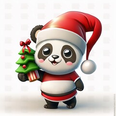 Kawaii cute panda in Santa hat with Christmas Tree