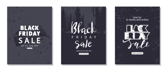 Black friday sale set of promotional cards with grunge textures.Banners for commercial events, discounts, black friday shopping, promotional material, sale, product promotion. Vector illustration - obrazy, fototapety, plakaty