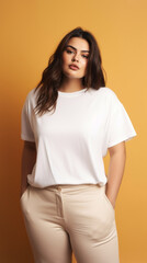 Obraz premium Beautiful plus size woman wearing blank white T-shirt for mockup and fashionable pants full body view