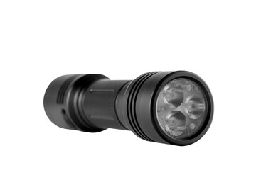 black LED modern handheld flashlight highlighted on white background, aluminum housing, two-way flashlight, studio photography