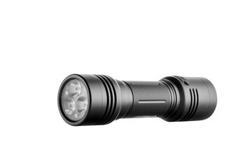 black LED modern handheld flashlight highlighted on white background, aluminum housing, two-way flashlight, studio photography