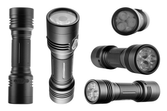 black LED modern handheld flashlight isolated on a white background, a set of high-quality photos from different angles. durable metal housing, double-sided, LED flashlight, reflexed pen, studio photo