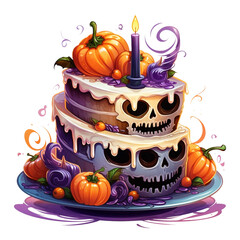 tort dyniowy z czaszką i świeczkami na Halloween - obrazy, fototapety, plakaty