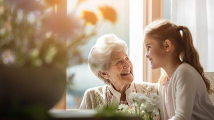 copy space, stockphoto, grandchild visiting her old grandmother in a retirement home. Grandchild visiting grandmother. Elderly retired people. Family theme. Health care.