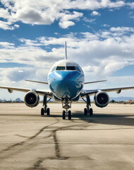 Naklejka premium A sleek, blue airliner sits parked on the airport apron, its twinjet engines ready to take flight and carry passengers through the clouds on a journey of adventure and discovery